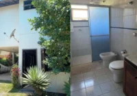 Fachada da casa com jardim e banheiro com chuveiro e bidê