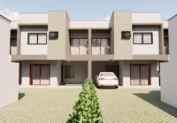 Fachada moderna de casas geminadas com garagem