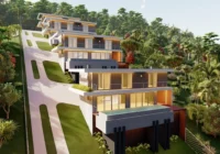 Fachada de casa moderna em encosta com piscina