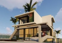 Fachada moderna de casa com garagem e palmeiras