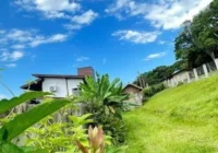 Terreno gramado com vegetação e céu azul