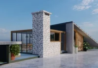 Fachada moderna com chaminé de pedra — Condomínio Pôr do Sol