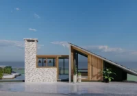 Fachada moderna com telhado inclinado e chaminé de pedra — Condomínio Pôr do Sol